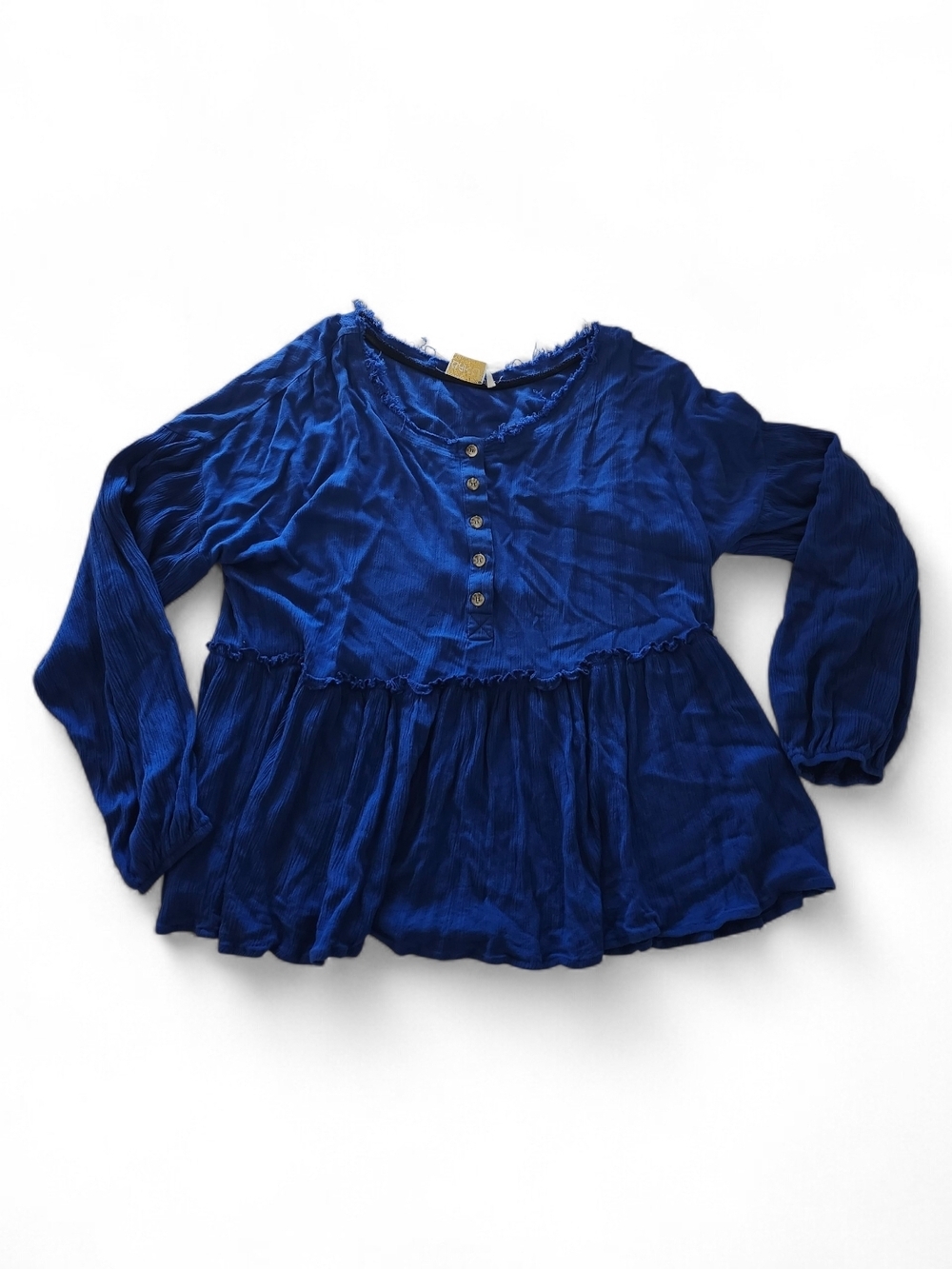 Baku Bohemian Peplum Blouse Blue L Raw Hem Womens